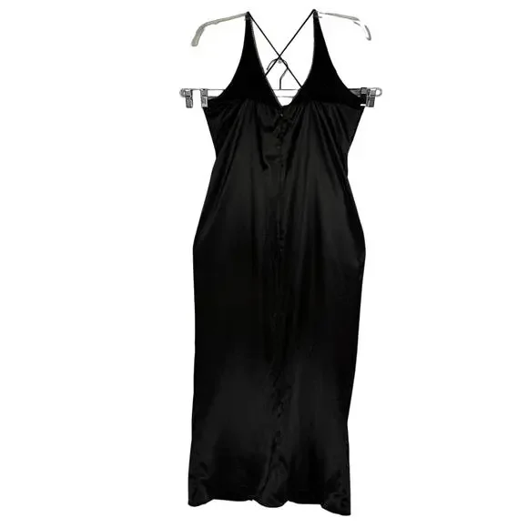 VTG ONYX NITE | Black Satin Gem Ruched Front Slit Maxi Y2K‎ Dress | Women's 14W - Picture 2 of 11